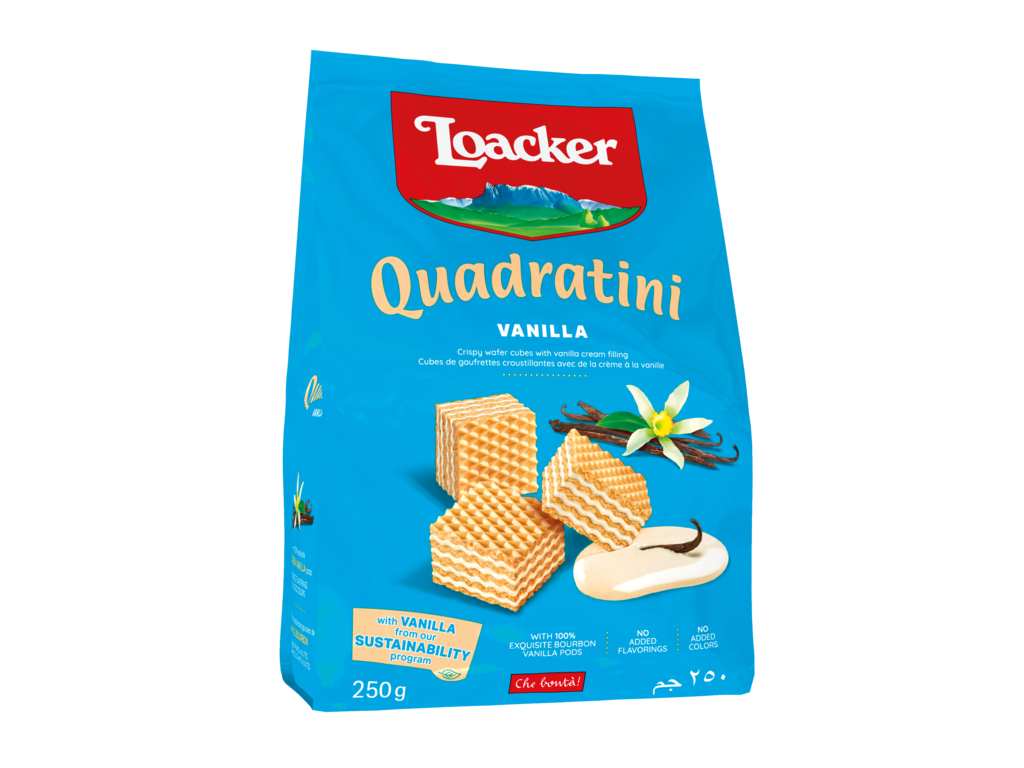 Loacker Quadratini Vanilla cube wafers bag