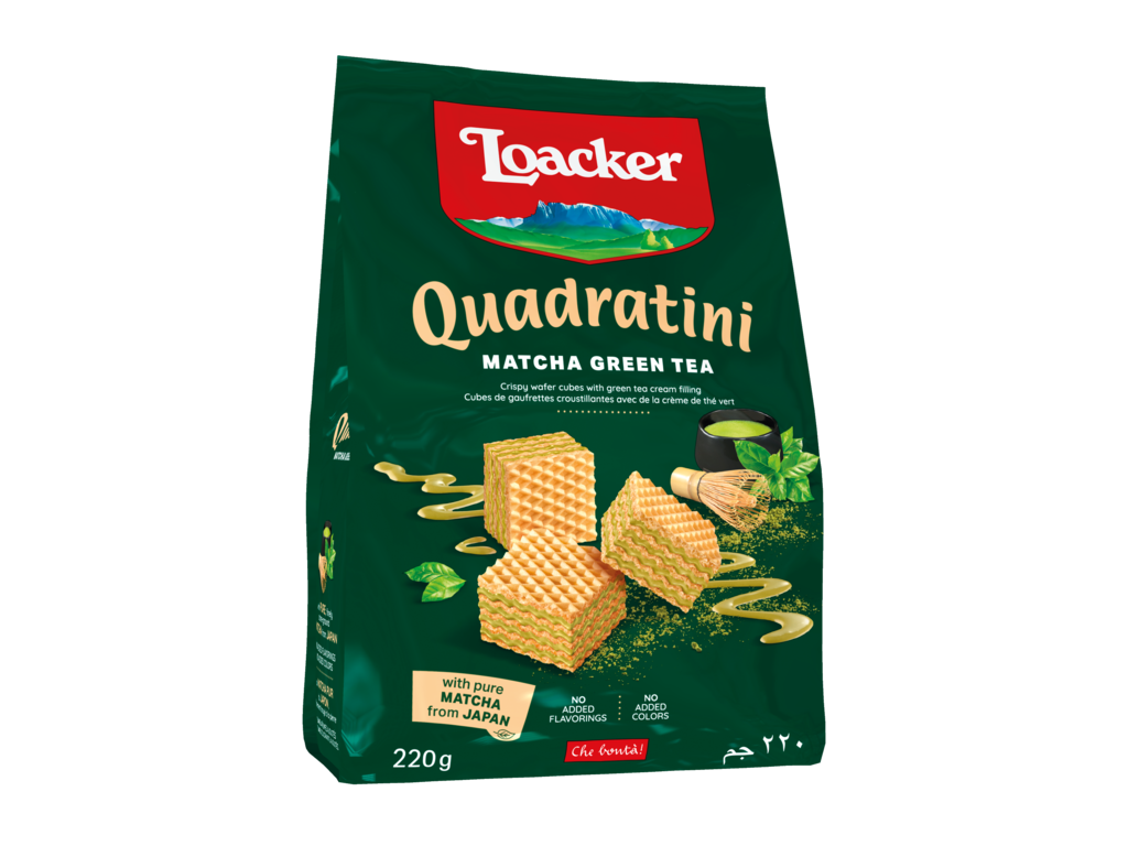 Loacker Quadratini Matcha green tea cube wafers bag